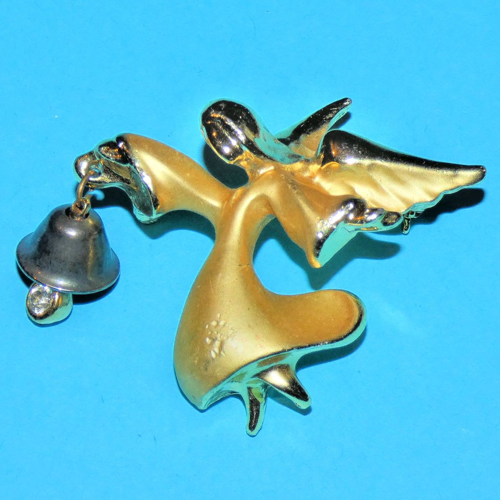Vintage Signed Giusti Angel With Bell Brooch Pin Gold Tone Enamel Christmas